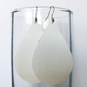 White Teardrop Leather Earrings